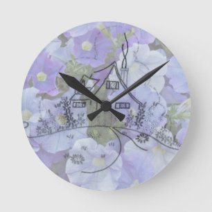 Horloge Ronde Broderie de cottage et Petunias