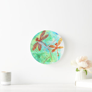 Horloge Ronde Bronze Orange Dragonfly Splash
