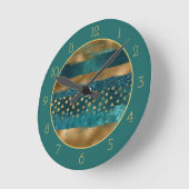 Horloge Ronde Brosse turquoise et or moderne avec bordure (Angle)