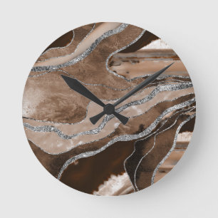 Horloge Ronde Brown Marbre Agate Parties scintillant argent Glam
