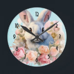 Horloge Ronde Bunny with a Garland of Roses Cute<br><div class="desc">A watch with a watercolor image. A white gray bunny rabbit surrounded by a garland of pink and peach roses. For bunny lovers and Easter themes and birthdays and showers.</div>