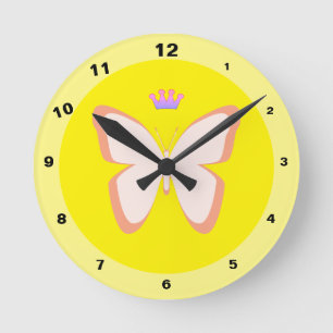 Horloge Ronde Butterfly & Crown - Princess Kids Clock (12 heures