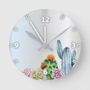 Horloge Ronde Cactus aquarelle adorable, argent succulent