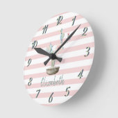 Horloge Ronde Cactus aquarelle chic, rayures roses   (Angle)