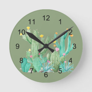 Horloge Ronde Cactus du Sud-Ouest, aquarelle, joli succulent
