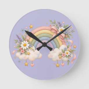 Horloge Ronde Cadeau Arc-en-ciel à l'aquarelle – Nuage Charmant