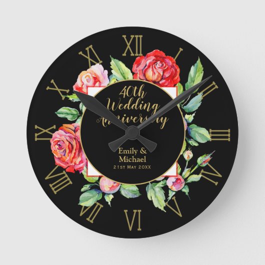 Horloge Ronde Cadeau de 40e anniversaire de mariage - Roses roug (Recto)
