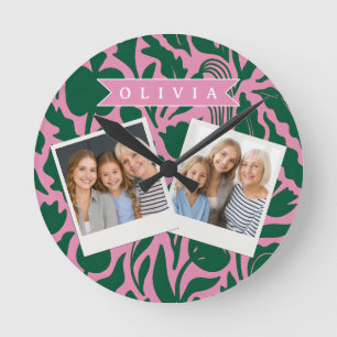 Horloge Ronde Cadeau de nom floral botanique rose vif personnali