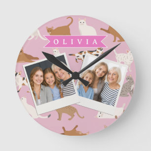 Horloge Ronde Cadeau Personnalisé Motif de Chat Rose Mignon pour