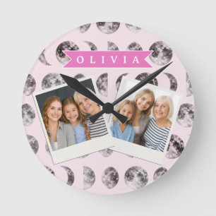 Horloge Ronde Cadeau Personnalisé Phase de Lune Rose Céleste Nom