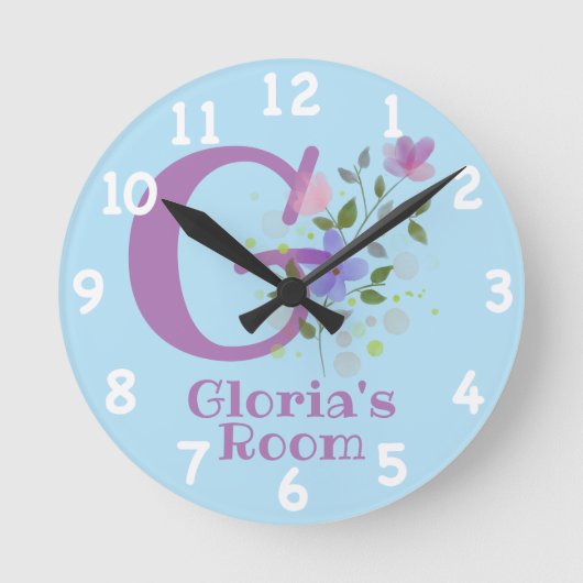 Horloge Ronde Cadran avec motif floral avec nom et initiale (Recto)