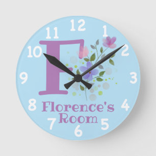 Horloge Ronde Cadran avec motif floral avec nom et initiale