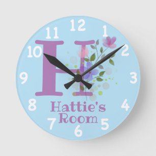 Horloge Ronde Cadran avec motif floral avec nom et initiale