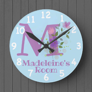 Horloge Ronde Cadran avec motif floral avec nom et initiale