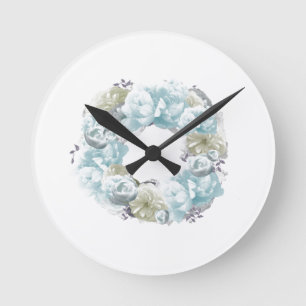 Horloge Ronde Cadran de fleurs en couronne bleu poussiéreux