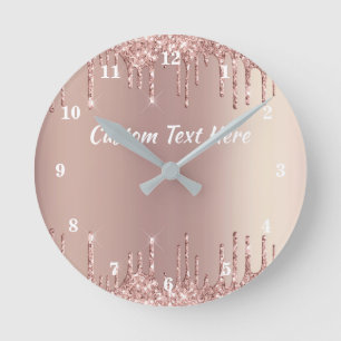 Horloge Ronde Cadran de montre Paillettes Or Rose Texte Personna