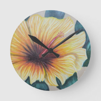 Horloge Ronde Cadran d'hibiscus jaune