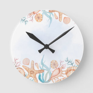 Horloge Ronde Cadran mural côtier coquillages aquarelle