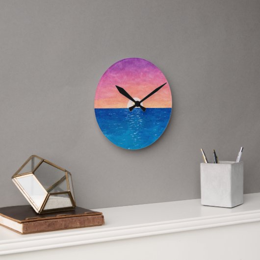 Horloge Ronde Cadran mural design coucher de soleil océan (Bureau)