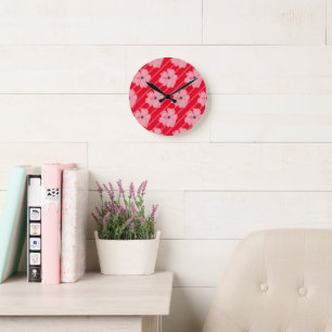 Horloge Ronde Cadran mural Fleurs roses et rayures