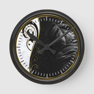 Horloge Ronde Cadre noir artistiquement, marbre blanc, graphique