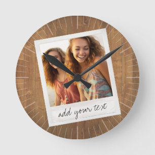 Horloge Ronde Cadre photo rustique avec Instagram Carré et bois