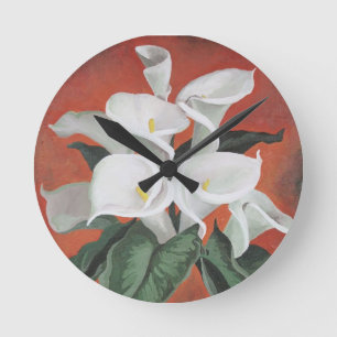Horloge Ronde Calla Lilies Sur Un Arrière - plan Rouge