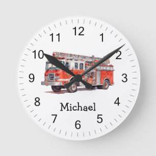 Horloge Ronde Camion de feu rouge moderne Nom personnalisé