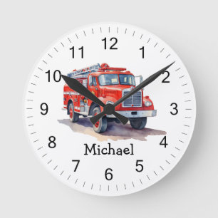 Horloge Ronde Camion de feu rouge moderne Nom personnalisé