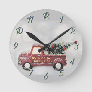 Horloge Ronde camionnette rouge vintage sur un fond bokeh gris