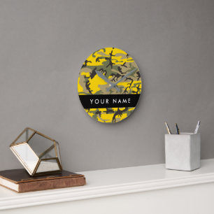 Horloge Ronde Camouflage jaune et vert Votre nom Personnalisez