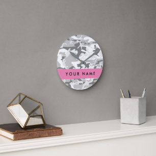 Horloge Ronde Camouflage neige hivernale grise Personnalisez vot