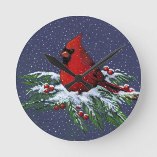 Horloge Ronde Cardinal on Snowy Pine Branch: Christmas: Artwork