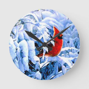 Horloge Ronde Cardinal Rouge dans la neige d'hiver