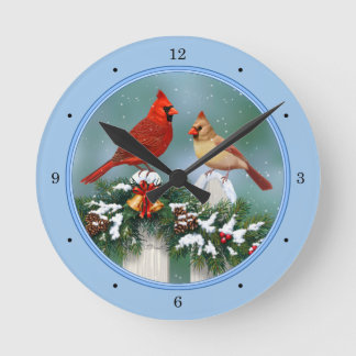 Horloge Ronde Cardinaux de Noël et guirlande de Noël