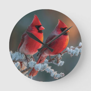 Horloge Ronde Cardinaux rouges du Nord perchés sur une branche g
