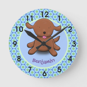 Horloge Ronde Caricature bleue pour chien de chiot joyeux rou