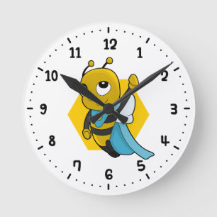 Horloge Ronde Caricature d'abeille Superhero 24 heures sur 24