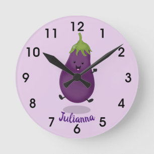 Horloge Ronde Caricature d'aubergine d'aubergine joliment heureu