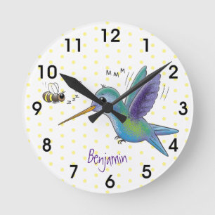 Horloge Ronde Caricature de colibri d'abeille mignonne