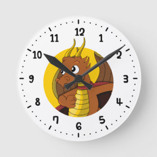 Horloge Ronde Caricature de dragon orange 24 heures sur 24