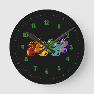 Horloge Ronde Caricature de dragons colorés arc-en-ciel