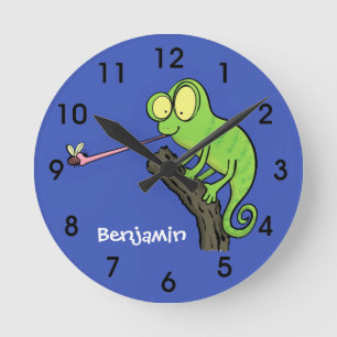 Horloge Ronde Caricature de lézard de caméléon vert joyeux