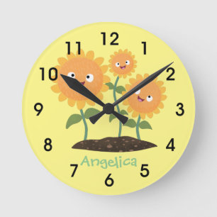 Horloge Ronde Caricature joli tournesol souriant illustration