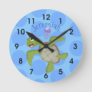 Horloge Ronde Caricature joyeuse de tortue de mer verte mignonne