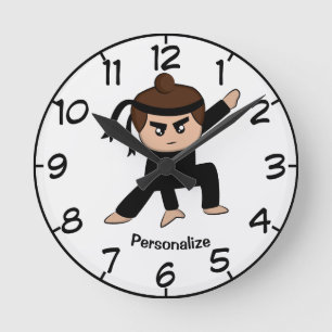 Horloge Ronde Caricature pour garçon Ninja mignon et drôle Perso