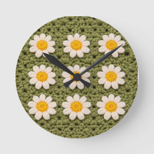 Horloge Ronde Carré grand-mère Daisy verte Motif au crochet Flor