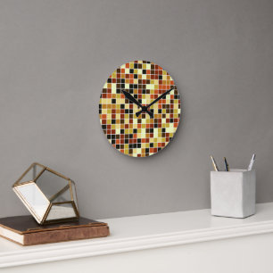 Horloge Ronde Carreaux de Piscine, Carreaux de Mosaïque Marron,