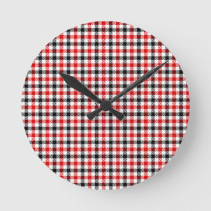 Horloge Ronde Carreaux Gingham Rouge Noir et Blanc