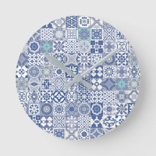 Horloge Ronde Carrelage marocain bleu pastel
